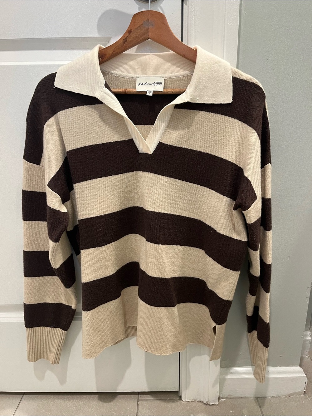 Cream and Brown Striped Rugby Sweater